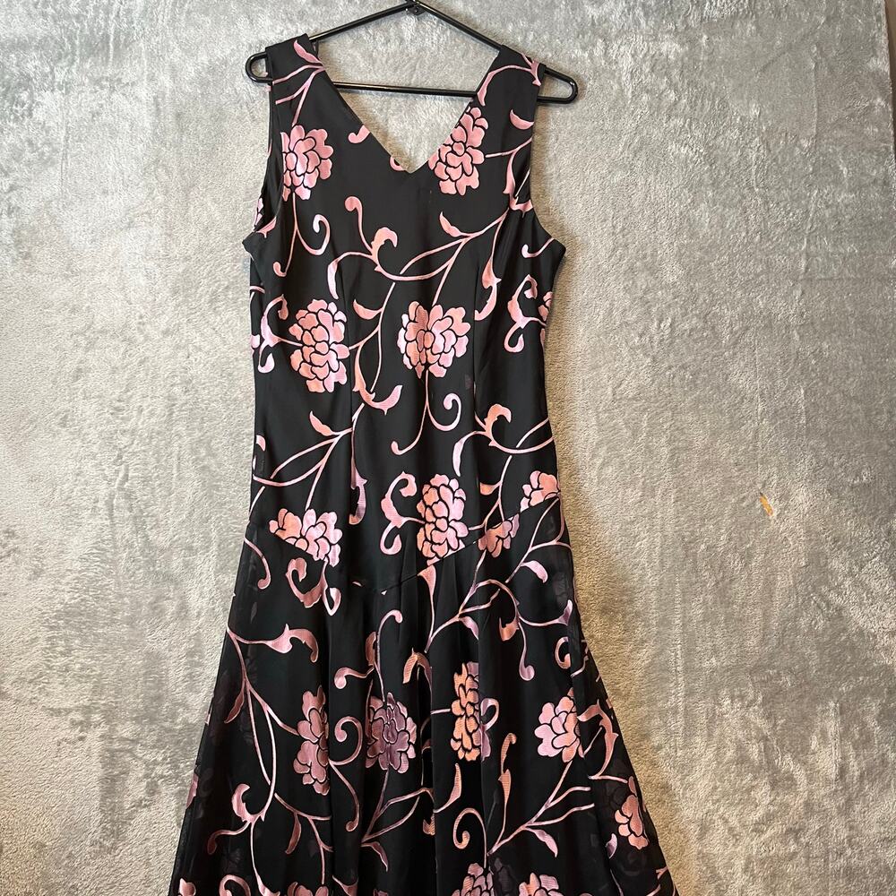 Vintage Y2K Black Pink Floral Ruffle Hem Dress Cottagecore Coquette Sz 14 - Picture 5 of 8